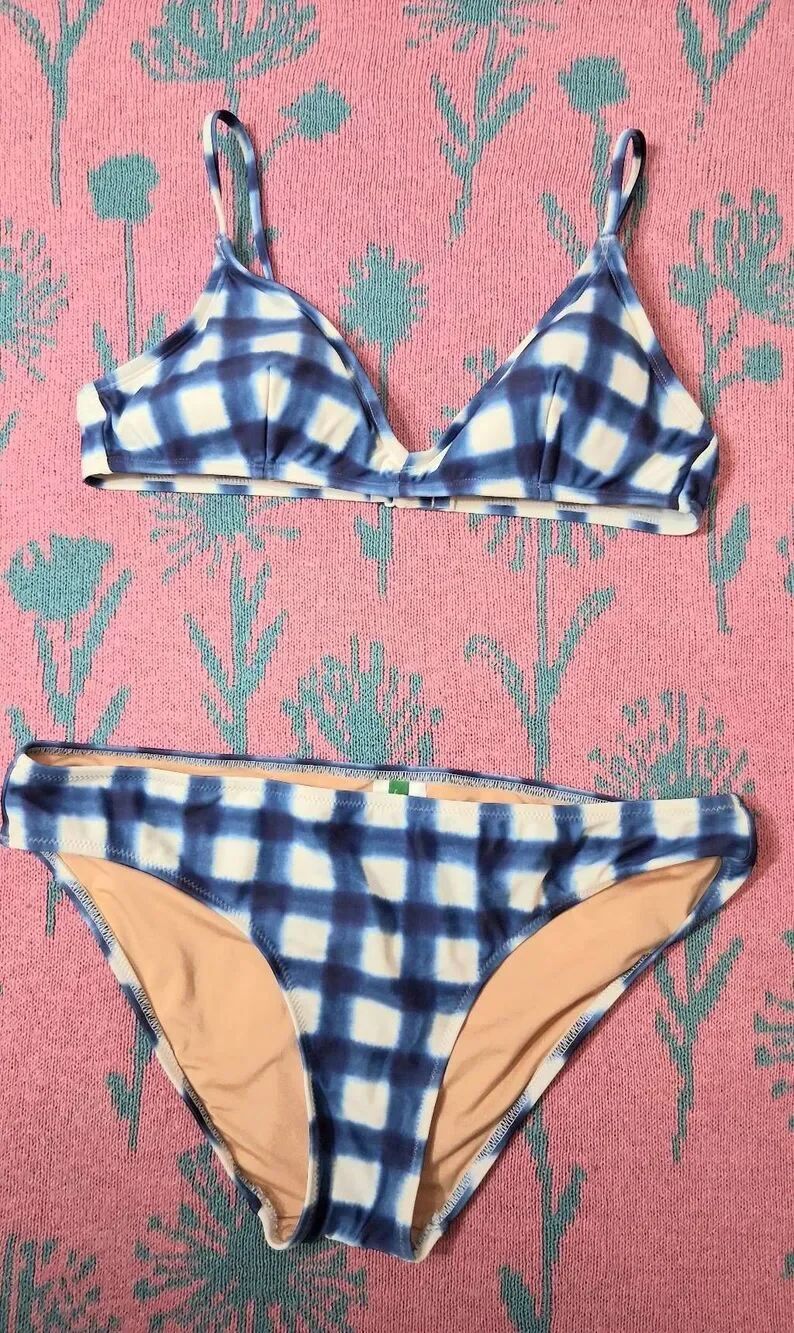 J.crew womens medium blue white plaid bathing suit two piece bikini swimsuit